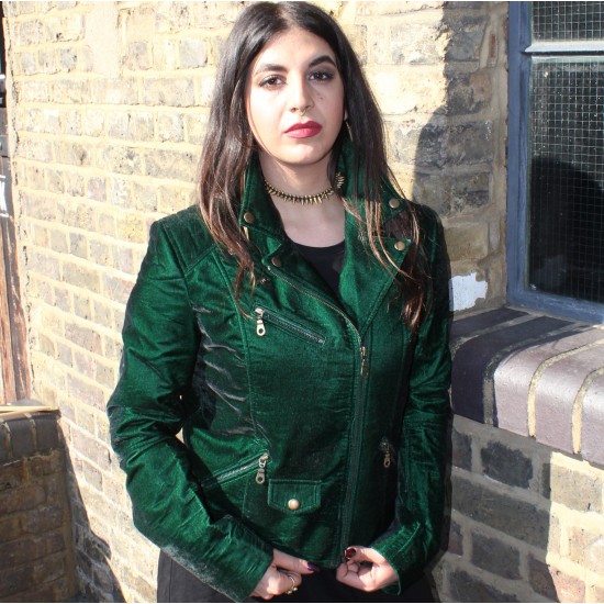 Buy Women Biker Jacket Online - Vegan Dark Green Velvet Buy Women Biker Jacket Online - Vegan Dark Green Velvet